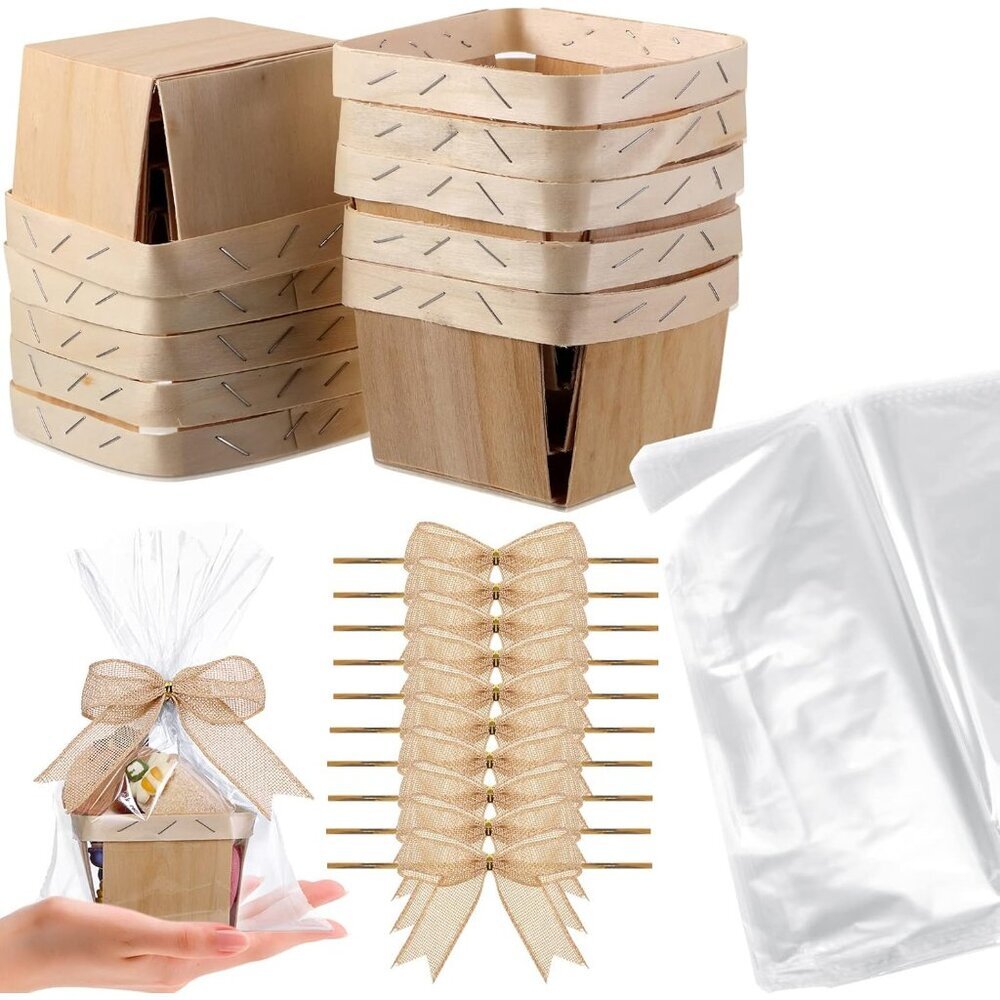 Bulk Set of 10 Rustic Wooden Baskets with Linen Bows - Ideal for All Occasions